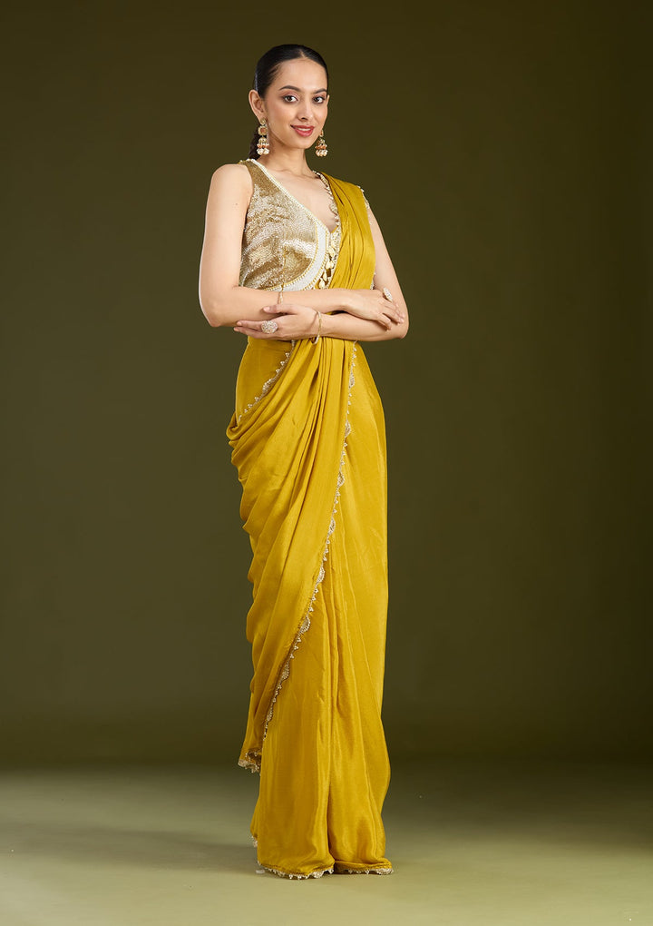 Yellow Sequins Satin Saree