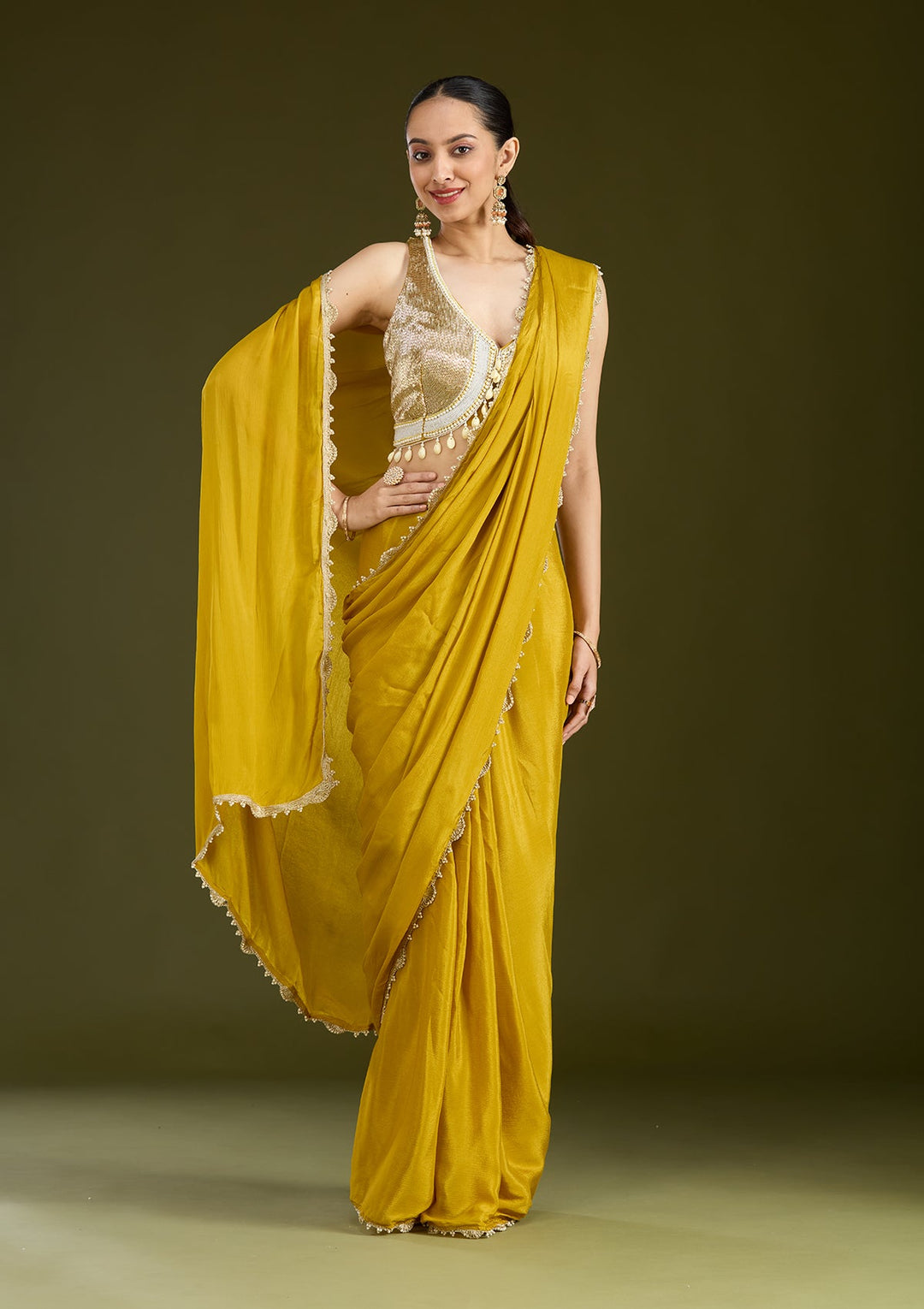 Yellow Sequins Satin Saree