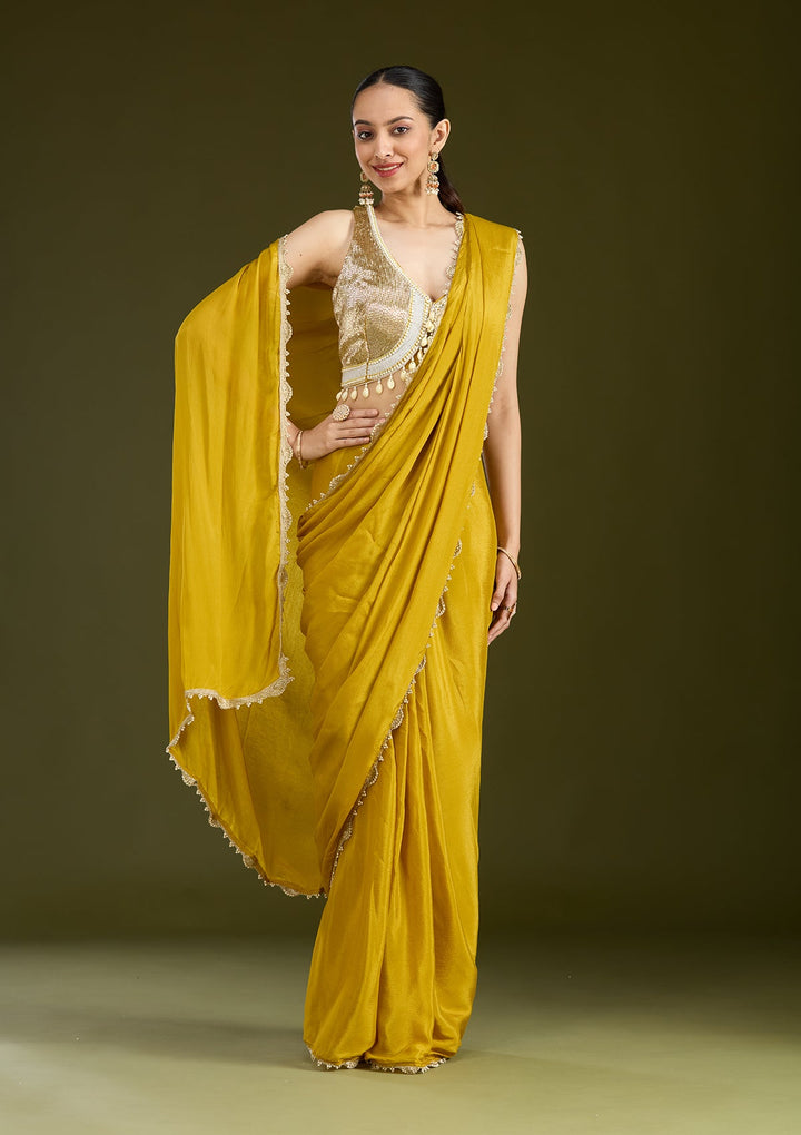 Yellow Sequins Satin Saree