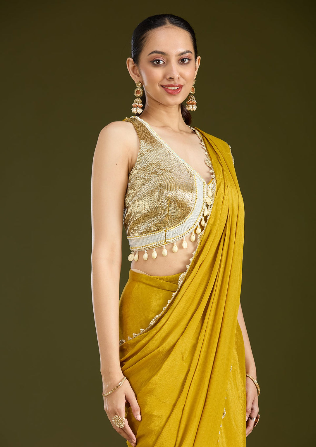 Yellow Sequins Satin Saree
