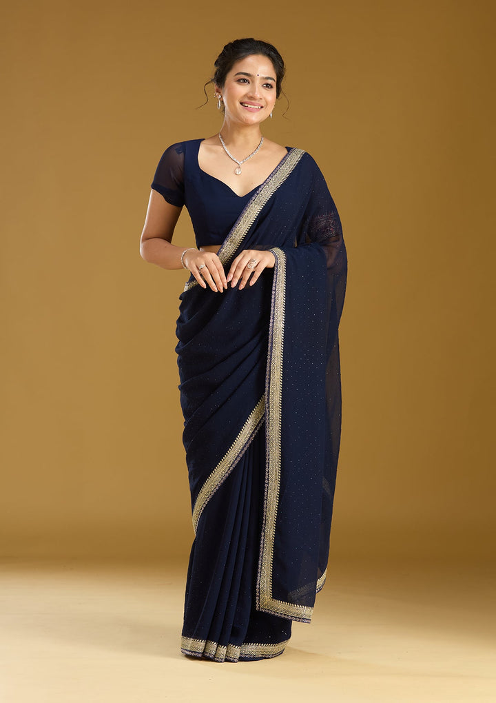 Navy Blue Zariwork (Silver) Georgette Saree