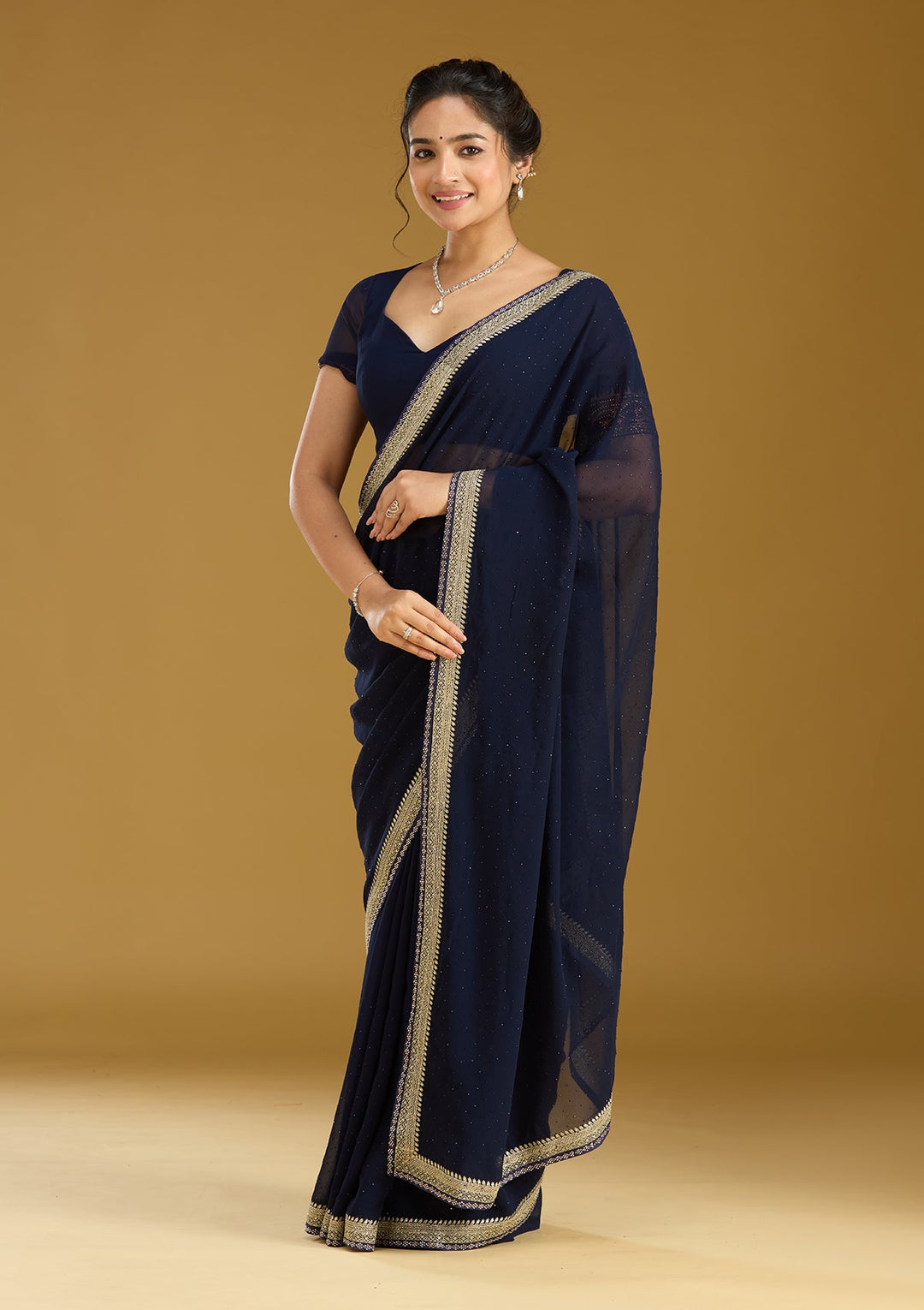 Navy Blue Zariwork (Silver) Georgette Saree