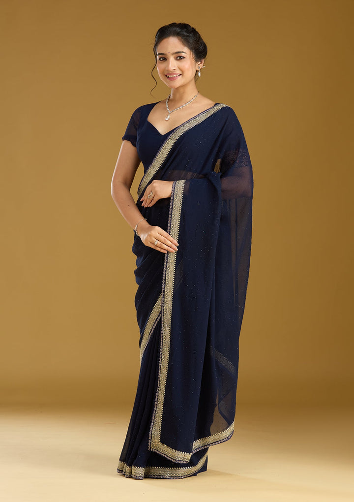 Navy Blue Zariwork (Silver) Georgette Saree