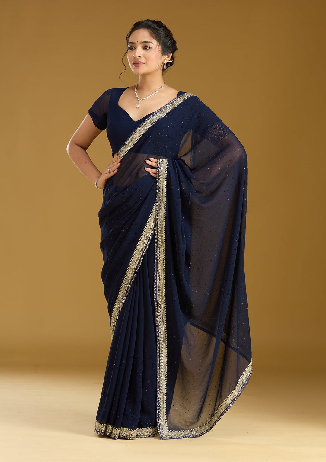 Navy Blue Zariwork (Silver) Georgette Saree