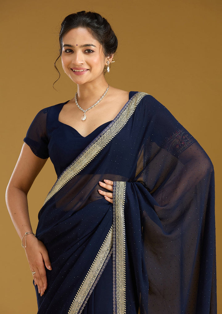 Navy Blue Zariwork (Silver) Georgette Saree