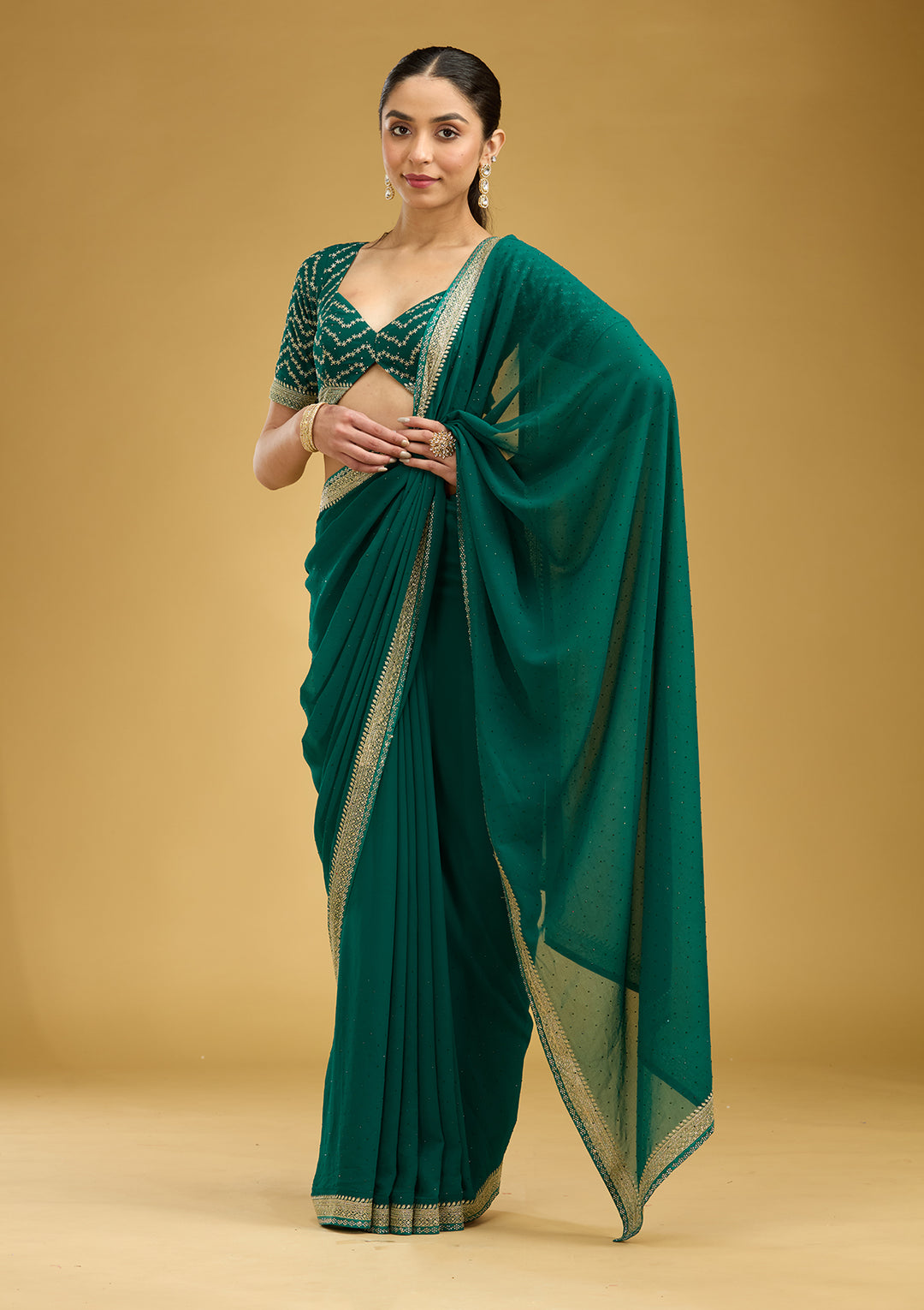 Teal Green Zariwork (Silver) Georgette Saree