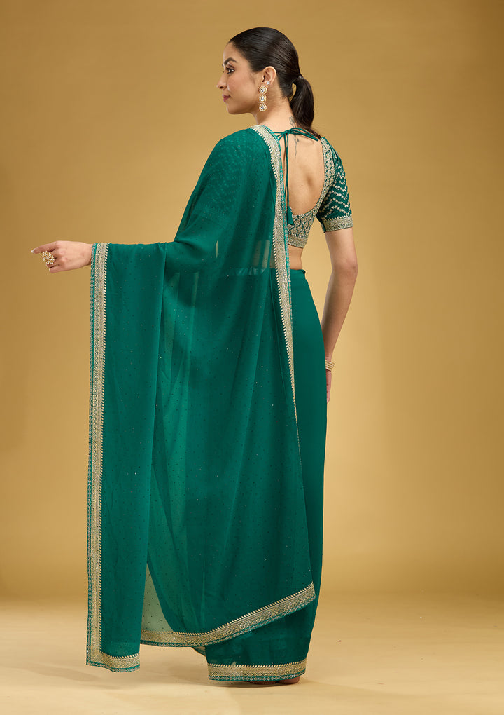 Teal Green Zariwork (Silver) Georgette Saree
