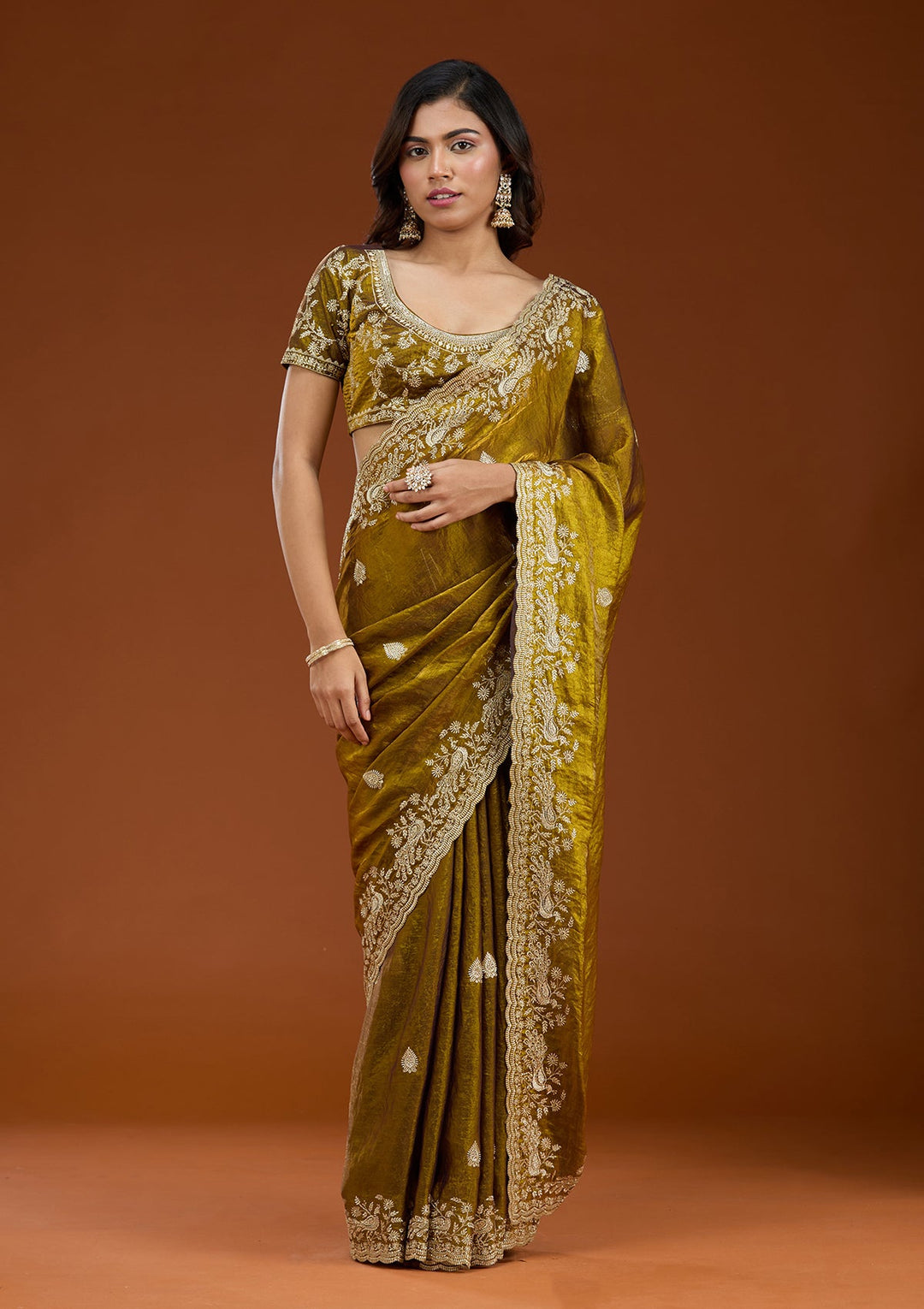 Mustard Zariwork (Gold) Tissue Saree_koskii