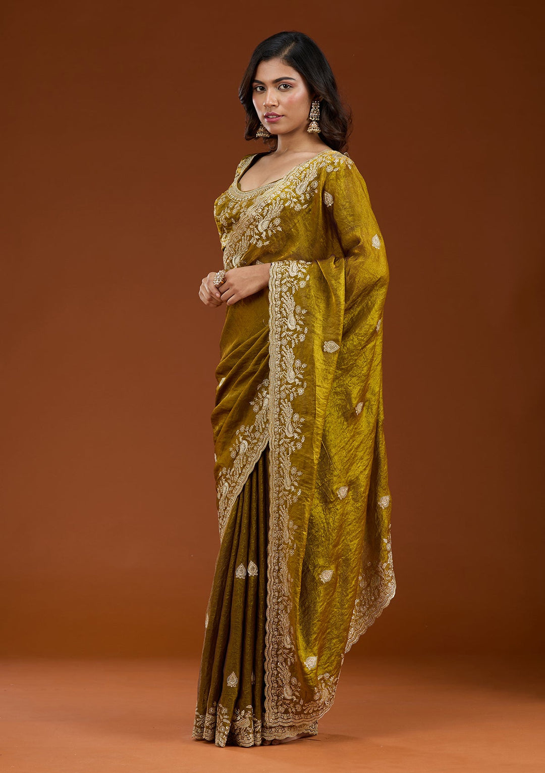Mustard Zariwork (Gold) Tissue Saree_koskii