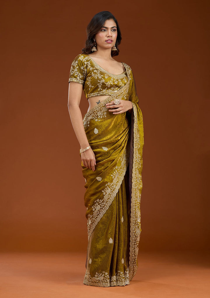 Mustard Zariwork (Gold) Tissue Saree_koskii