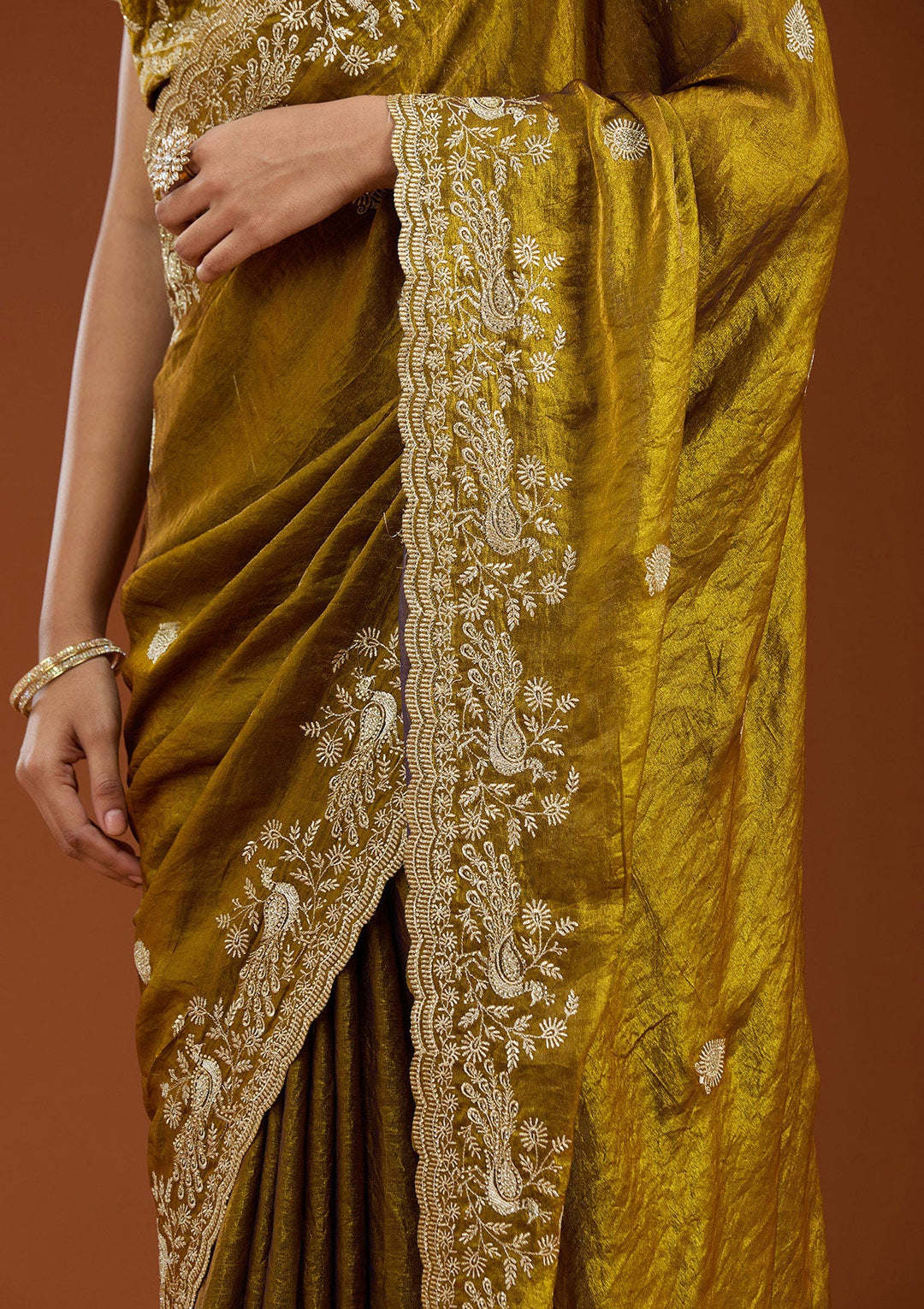 Mustard Zariwork (Gold) Tissue Saree_koskii