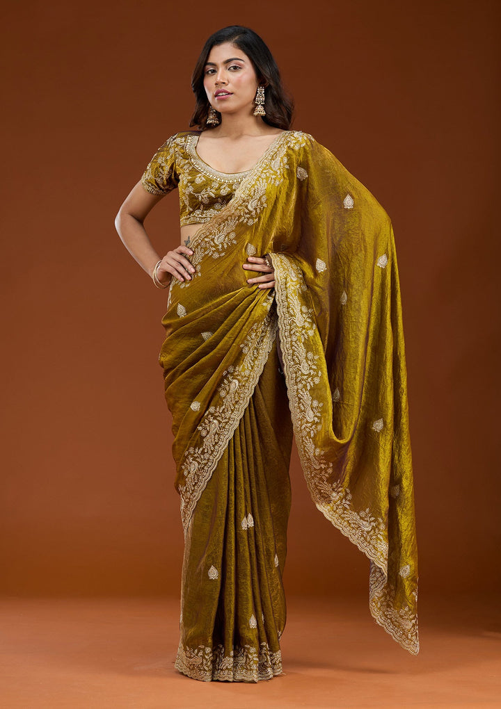 Mustard Zariwork (Gold) Tissue Saree_koskii