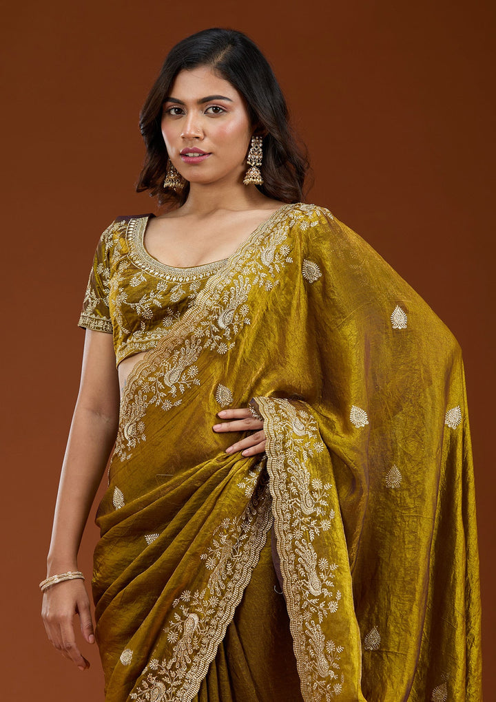Mustard Zariwork (Gold) Tissue Saree_koskii