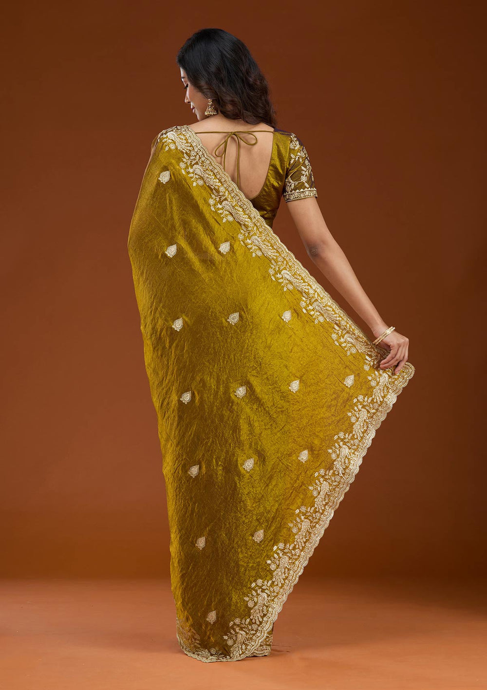 Mustard Zariwork (Gold) Tissue Saree_koskii
