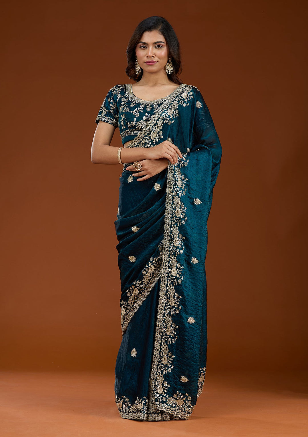 Peacock Blue Zariwork (Gold) Tissue Saree_koskii