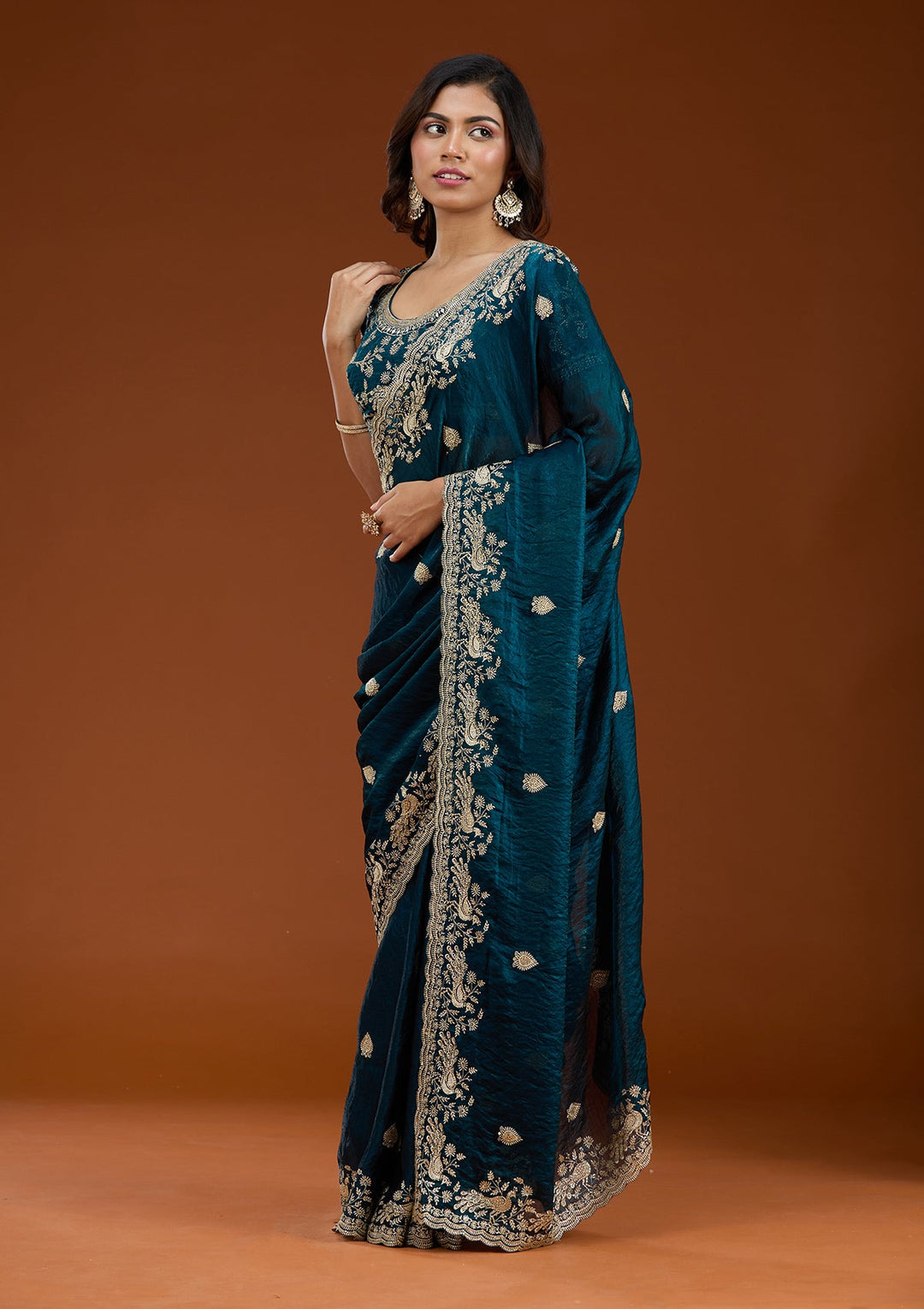 Peacock Blue Zariwork (Gold) Tissue Saree_koskii