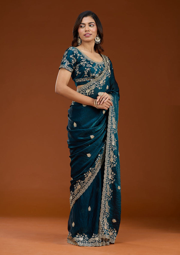 Peacock Blue Zariwork (Gold) Tissue Saree_koskii