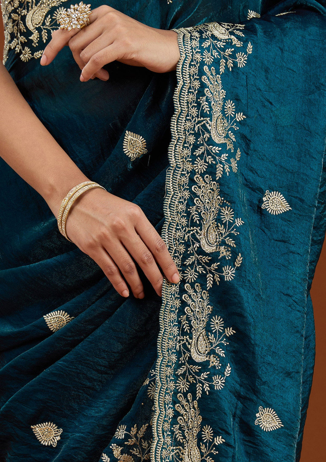 Peacock Blue Zariwork (Gold) Tissue Saree_koskii
