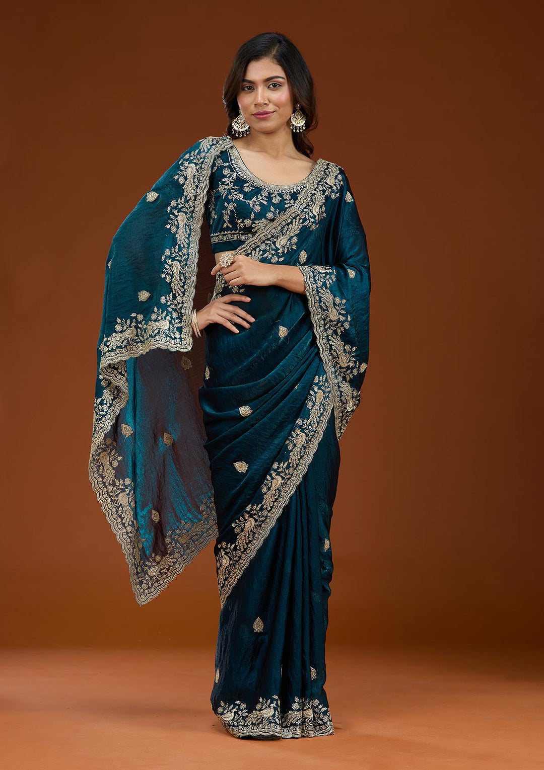 Peacock Blue Zariwork (Gold) Tissue Saree_koskii