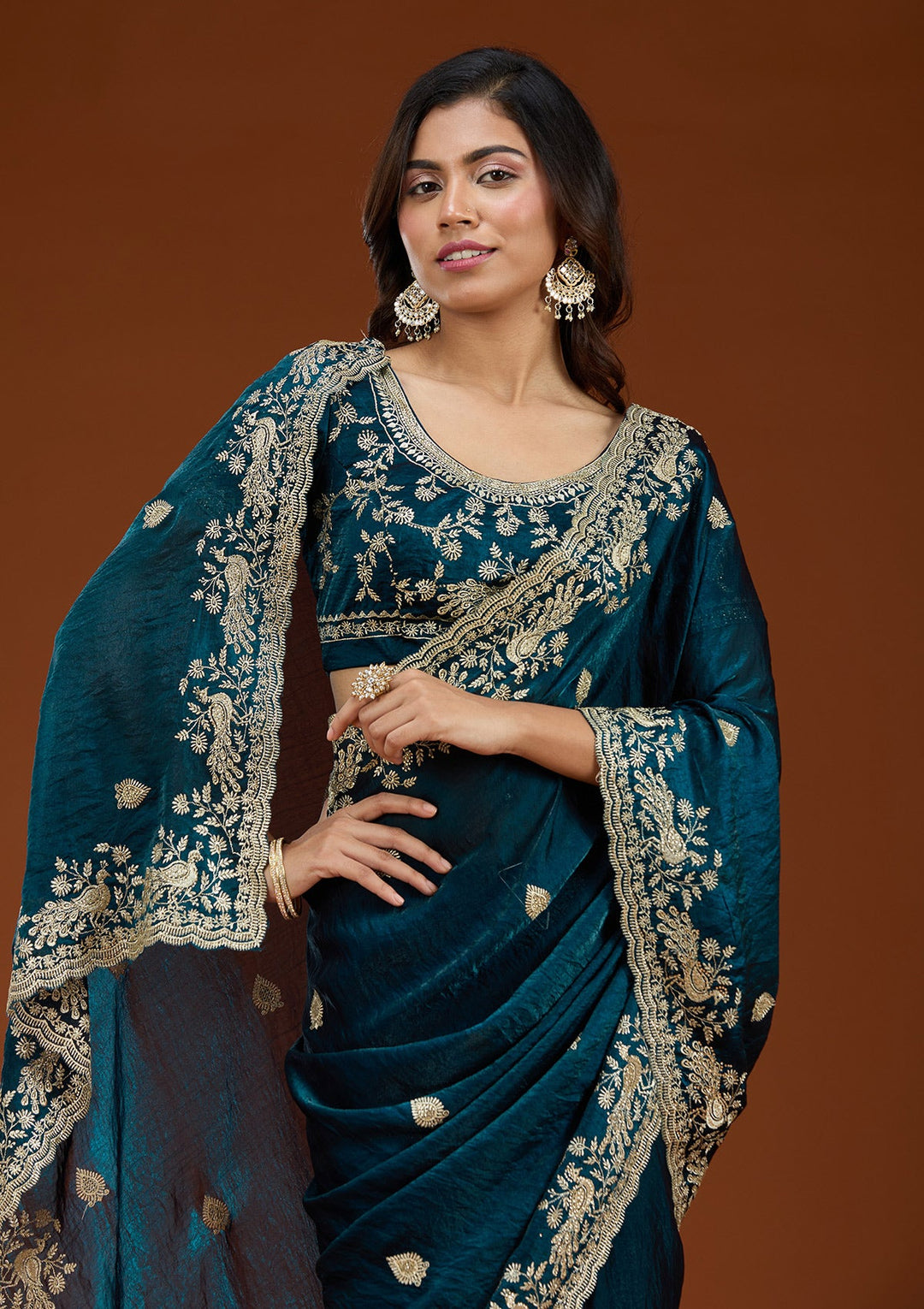 Peacock Blue Zariwork (Gold) Tissue Saree_koskii