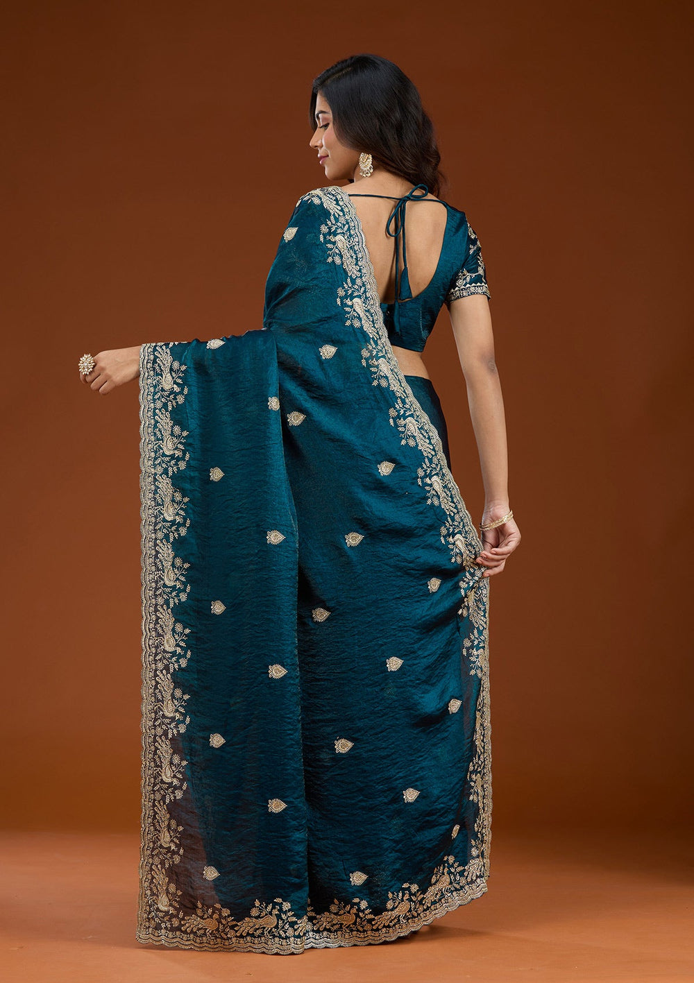 Peacock Blue Zariwork (Gold) Tissue Saree_koskii