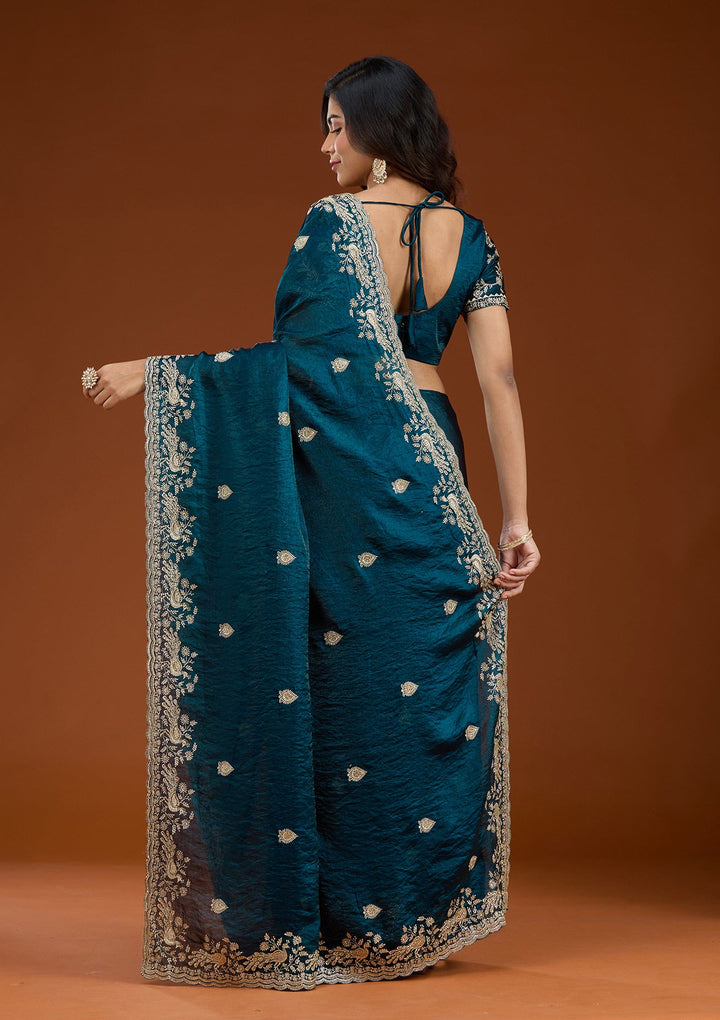 Peacock Blue Zariwork (Gold) Tissue Saree_koskii