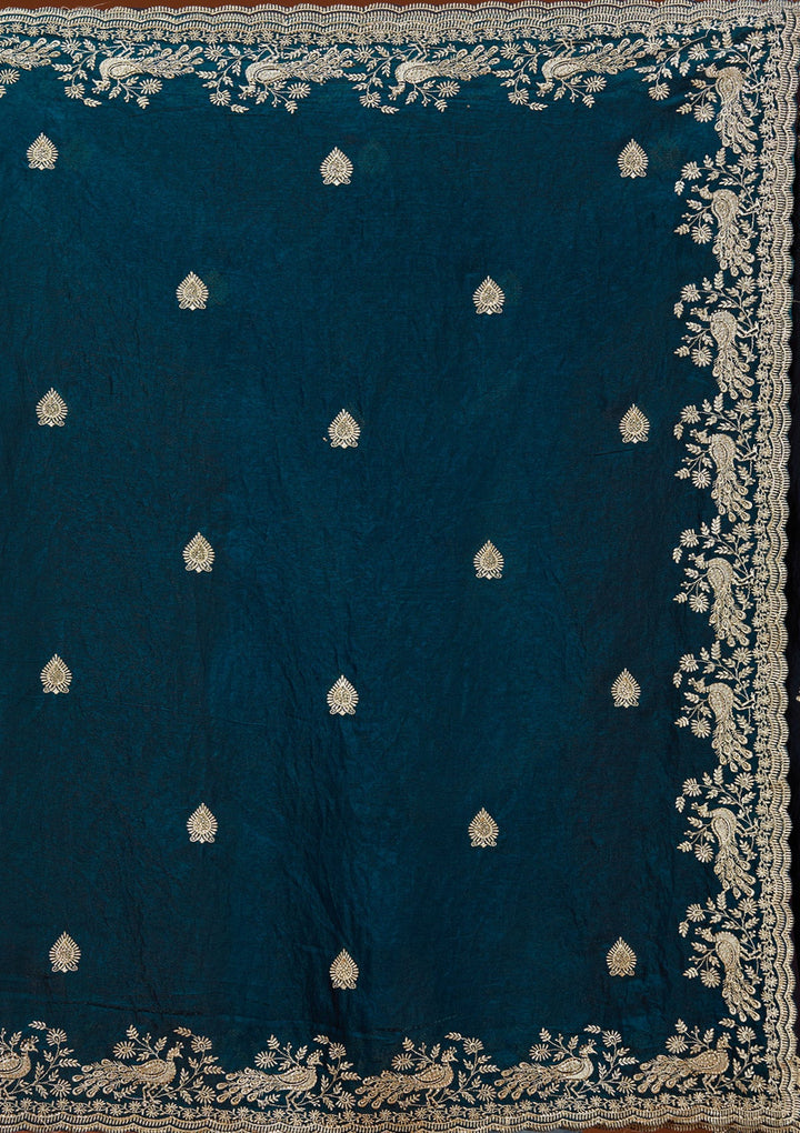 Peacock Blue Zariwork (Gold) Tissue Saree_koskii