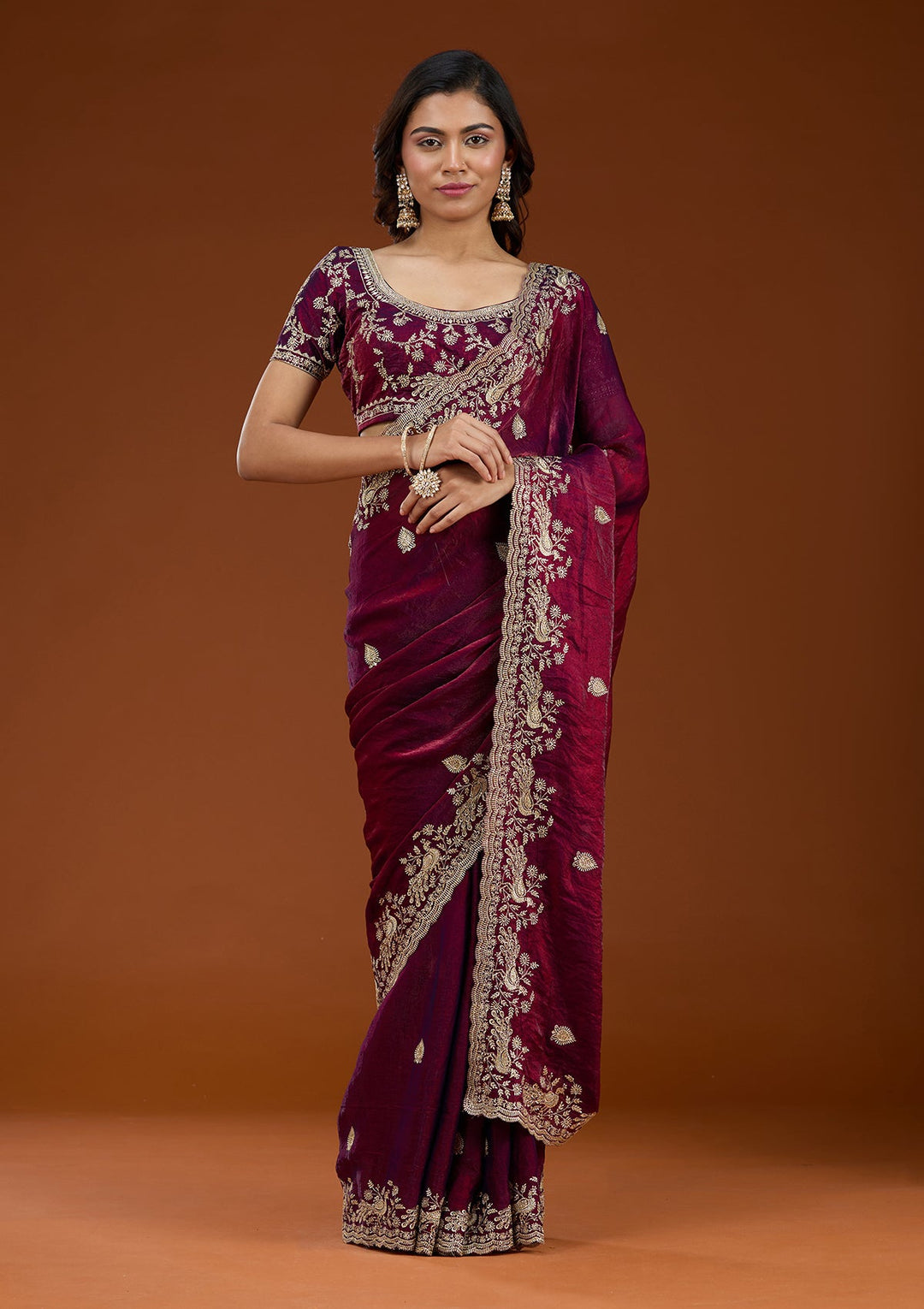 Wine Zariwork (Gold) Tissue Saree_koskii