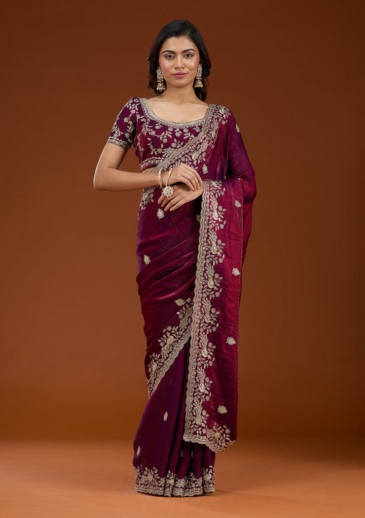 Wine Zariwork (Gold) Tissue Saree_koskii