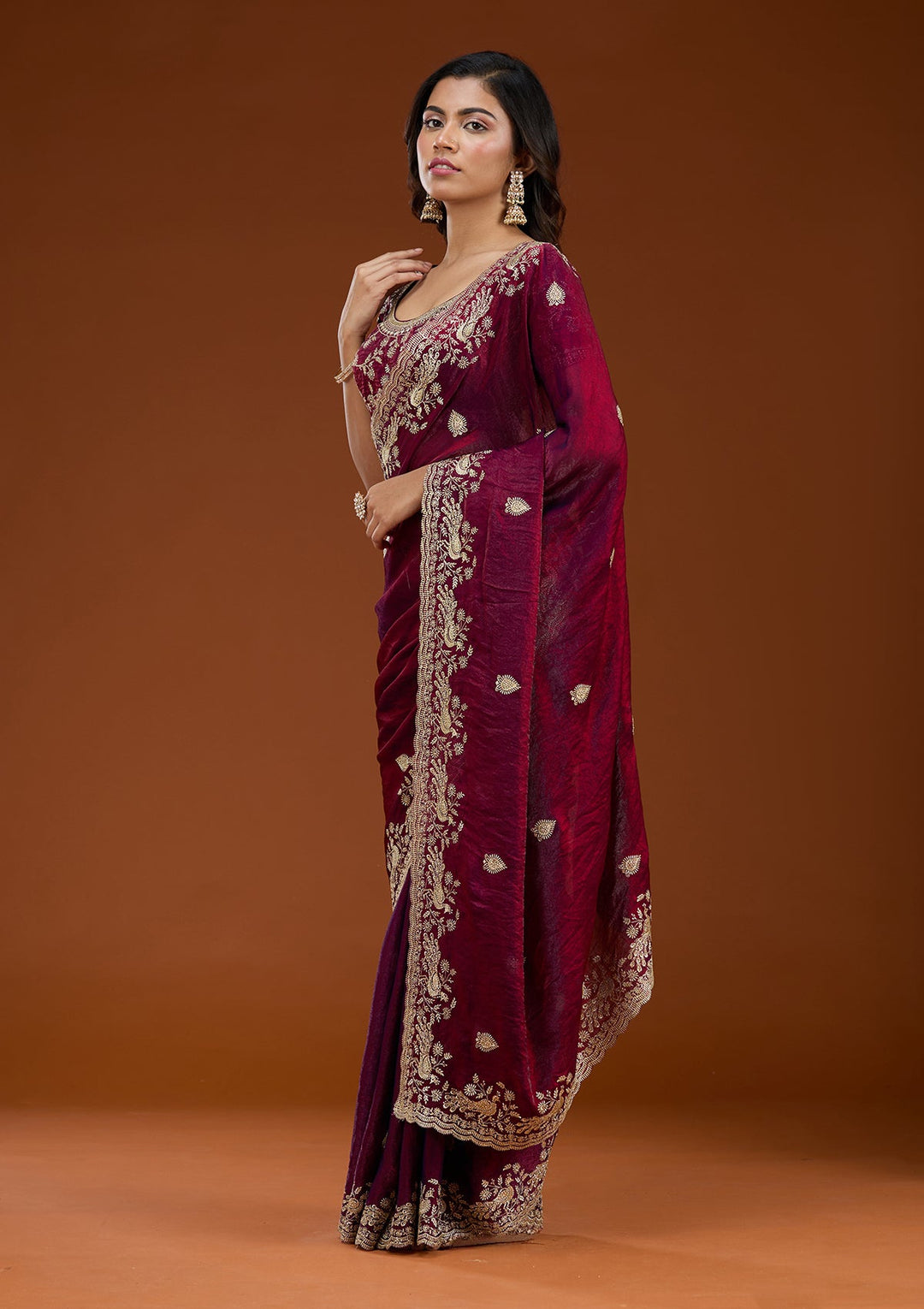 Wine Zariwork (Gold) Tissue Saree_koskii