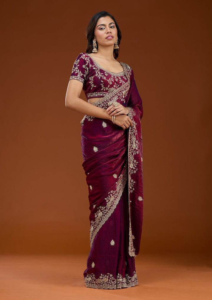 Wine Zariwork (Gold) Tissue Saree_koskii