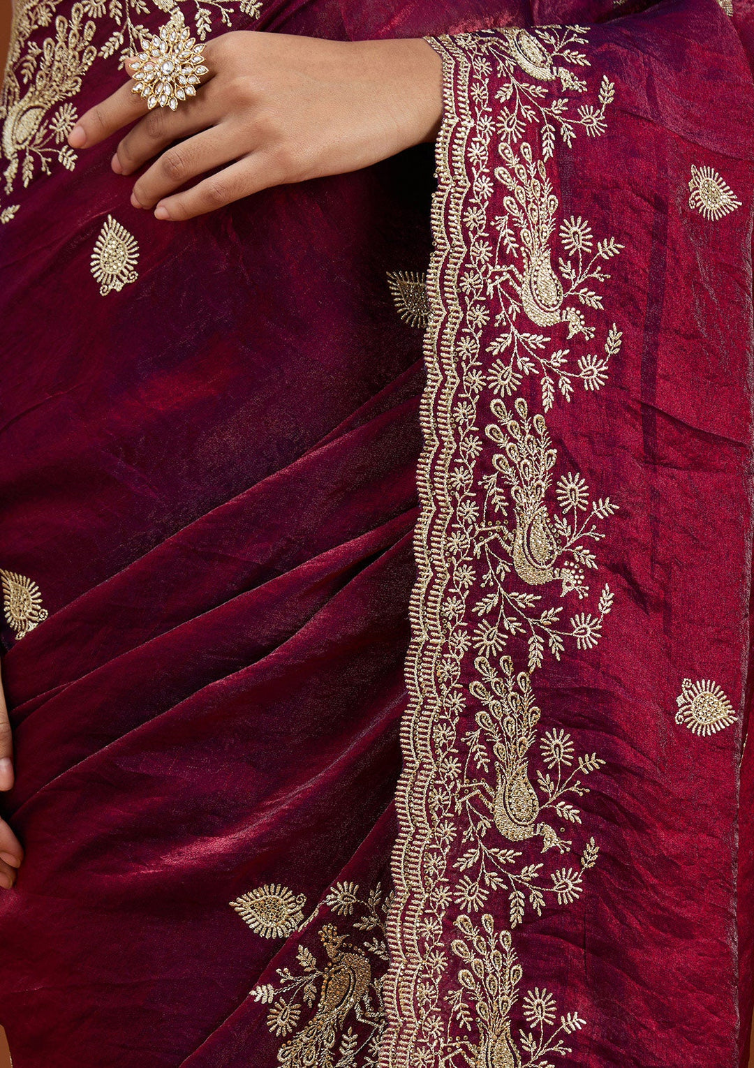 Wine Zariwork (Gold) Tissue Saree_koskii