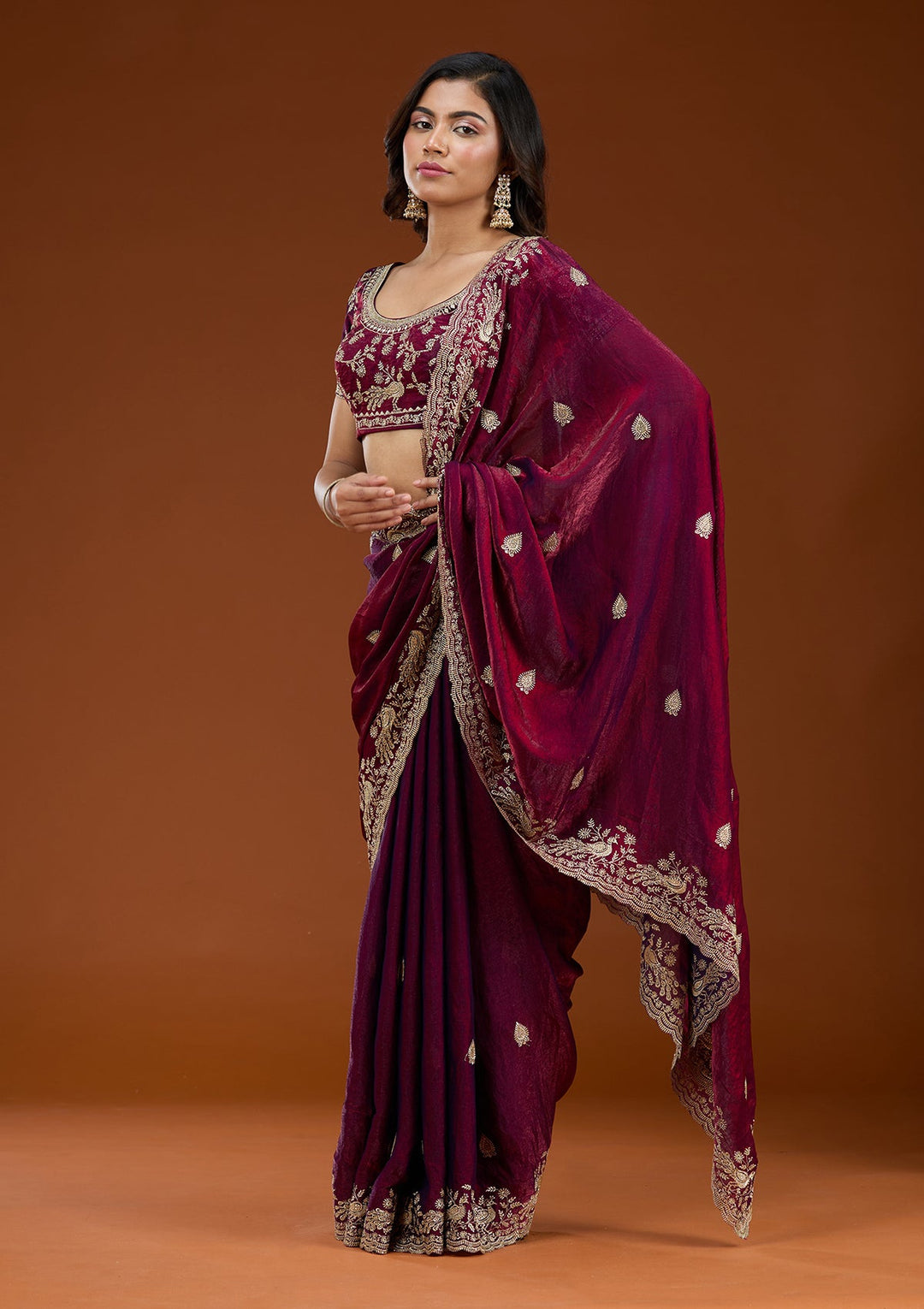 Wine Zariwork (Gold) Tissue Saree_koskii