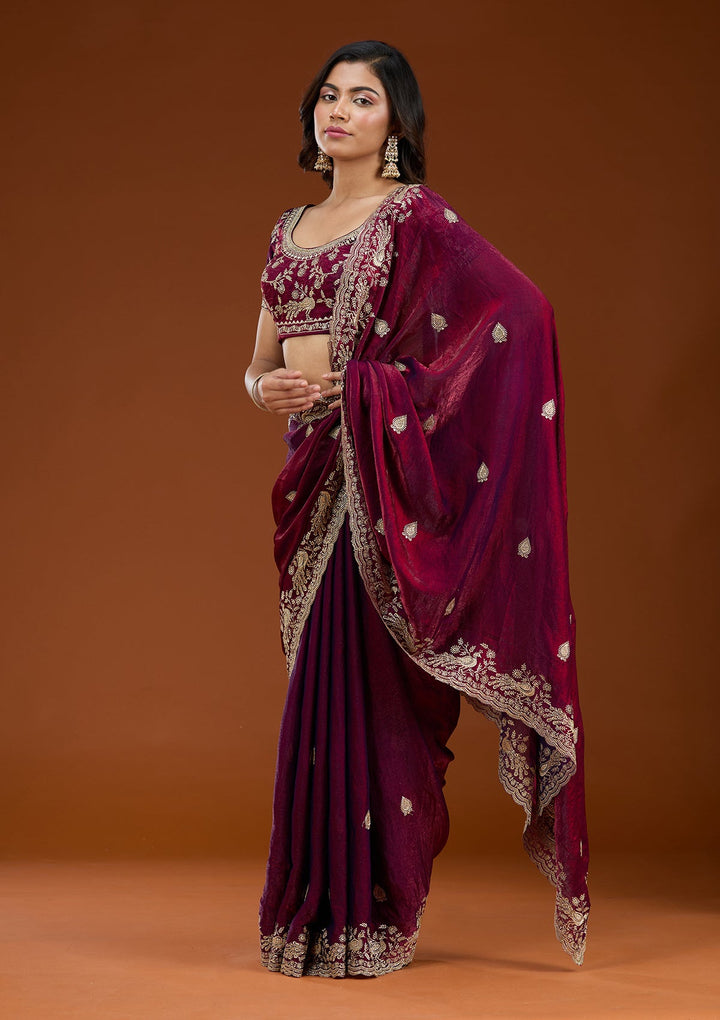 Wine Zariwork (Gold) Tissue Saree_koskii