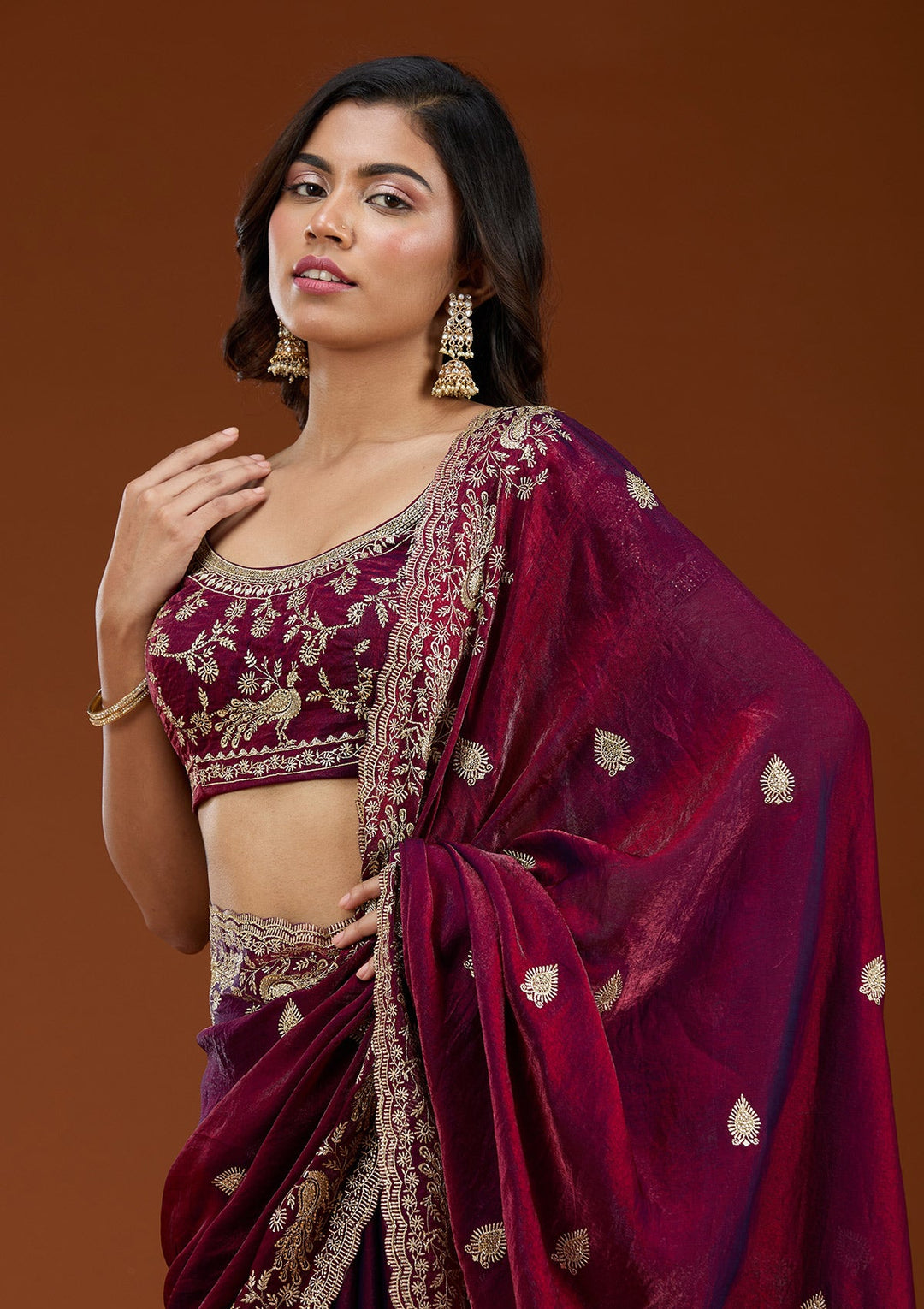 Wine Zariwork (Gold) Tissue Saree_koskii