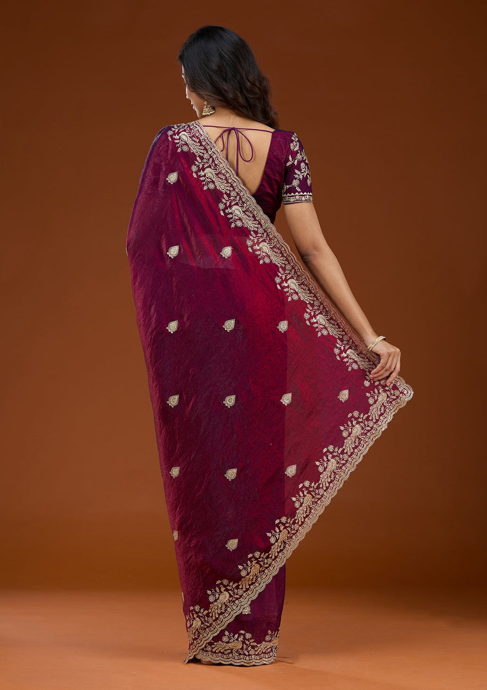 Wine Zariwork (Gold) Tissue Saree_koskii