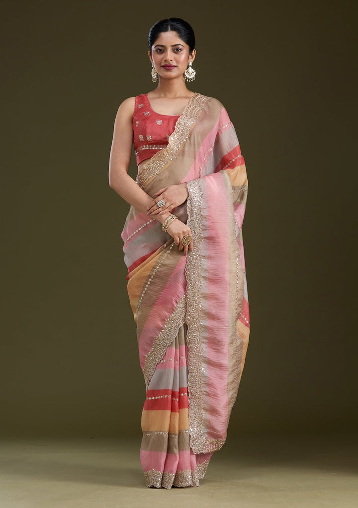 Yellow Sequins Organza Saree_koskii
