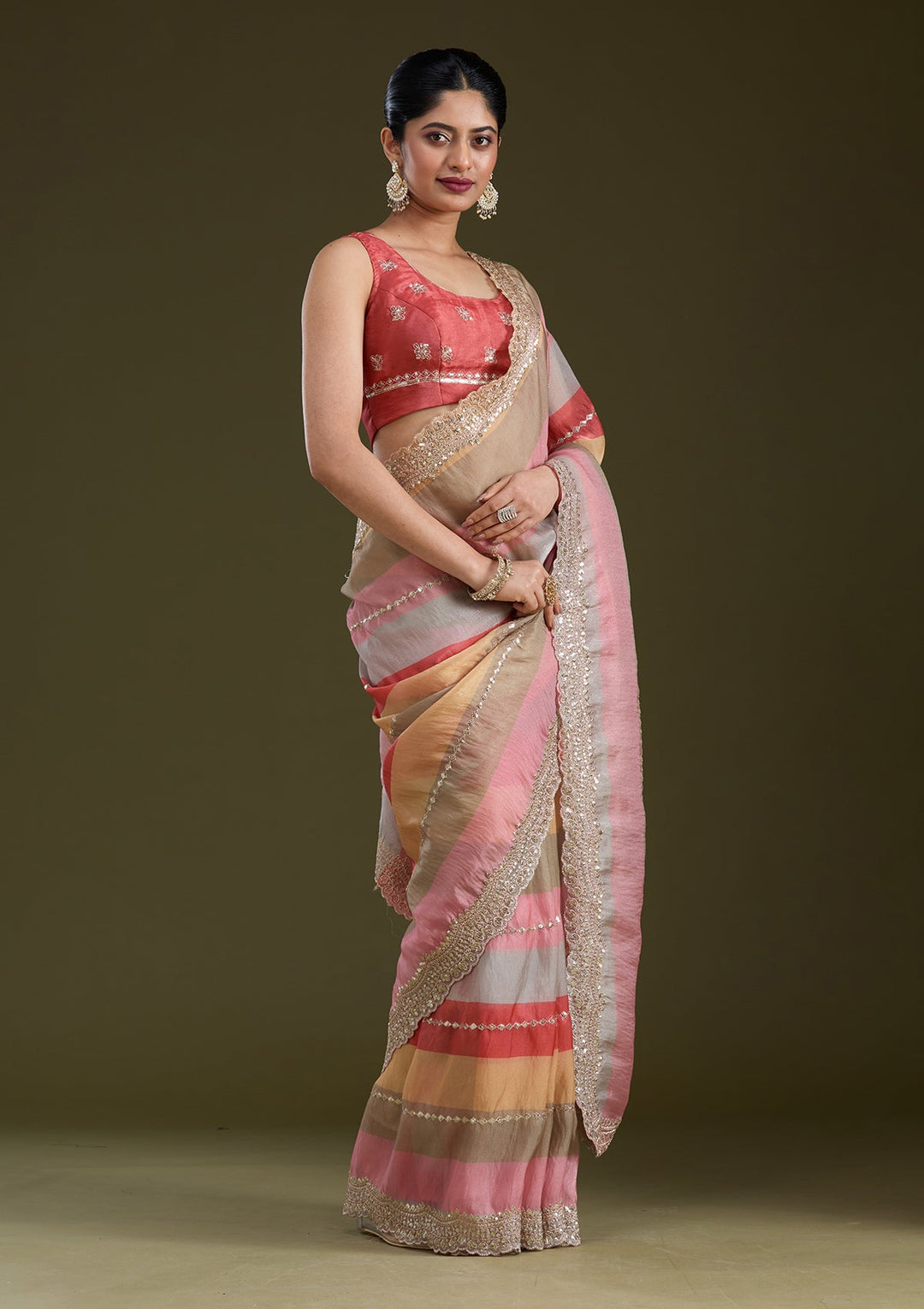 Yellow Sequins Organza Saree_koskii