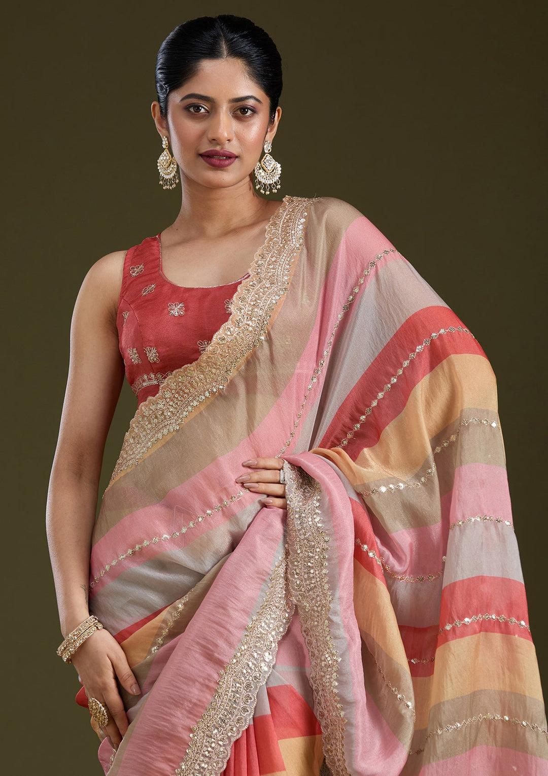 Yellow Sequins Organza Saree_koskii
