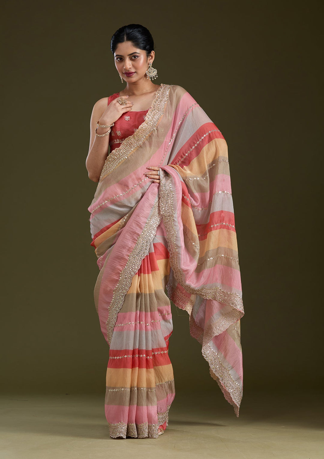 Yellow Sequins Organza Saree_koskii