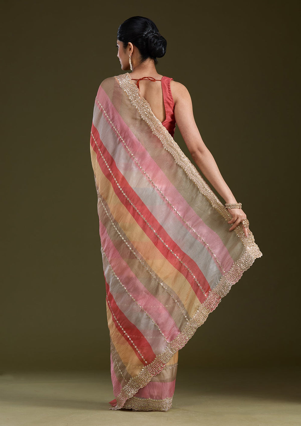 Yellow Sequins Organza Saree_koskii