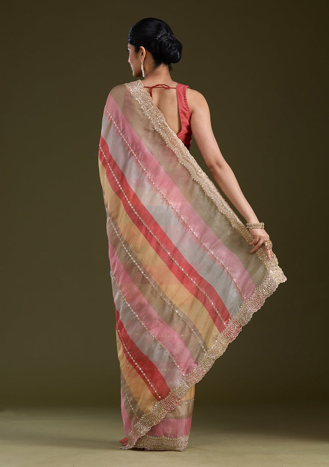 Yellow Sequins Organza Saree_koskii
