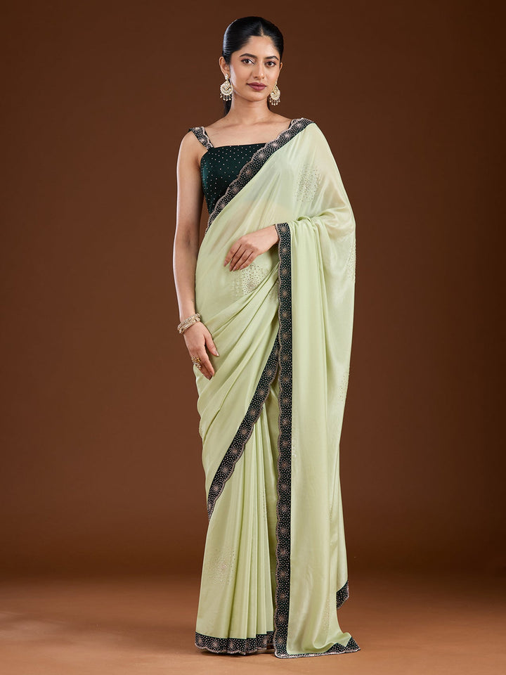 Pista Green Stonework (Silver) Velvet Saree-Koskii