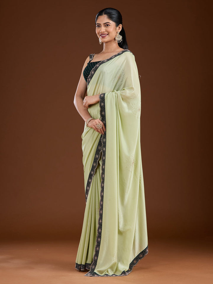 Pista Green Stonework (Silver) Velvet Saree-Koskii