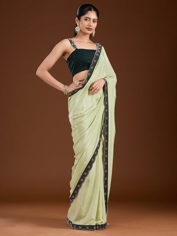 Pista Green Stonework (Silver) Velvet Saree-Koskii