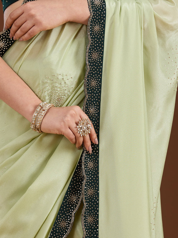 Pista Green Stonework (Silver) Velvet Saree-Koskii