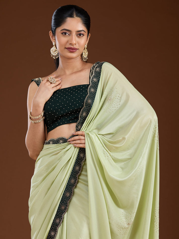 Pista Green Stonework (Silver) Velvet Saree-Koskii