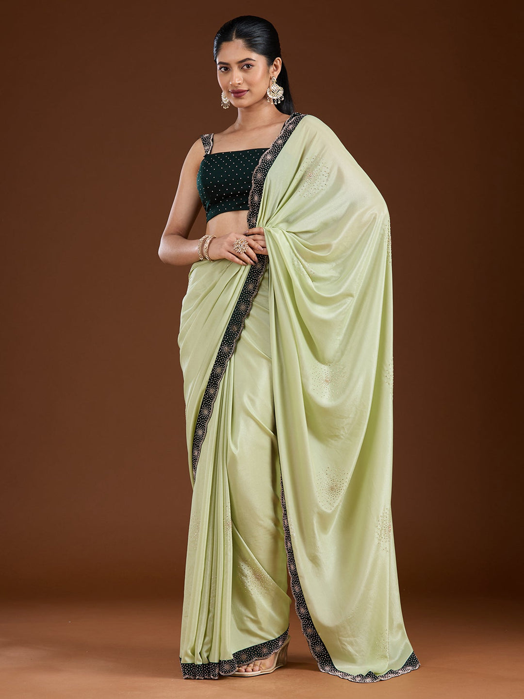 Pista Green Stonework (Silver) Velvet Saree-Koskii