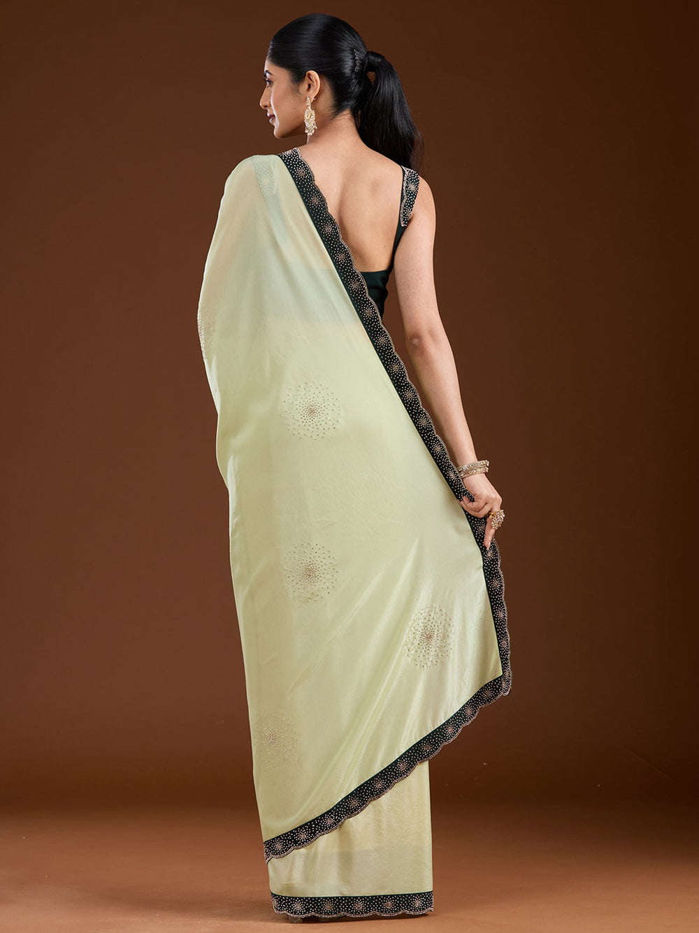 Pista Green Stonework (Silver) Velvet Saree-Koskii
