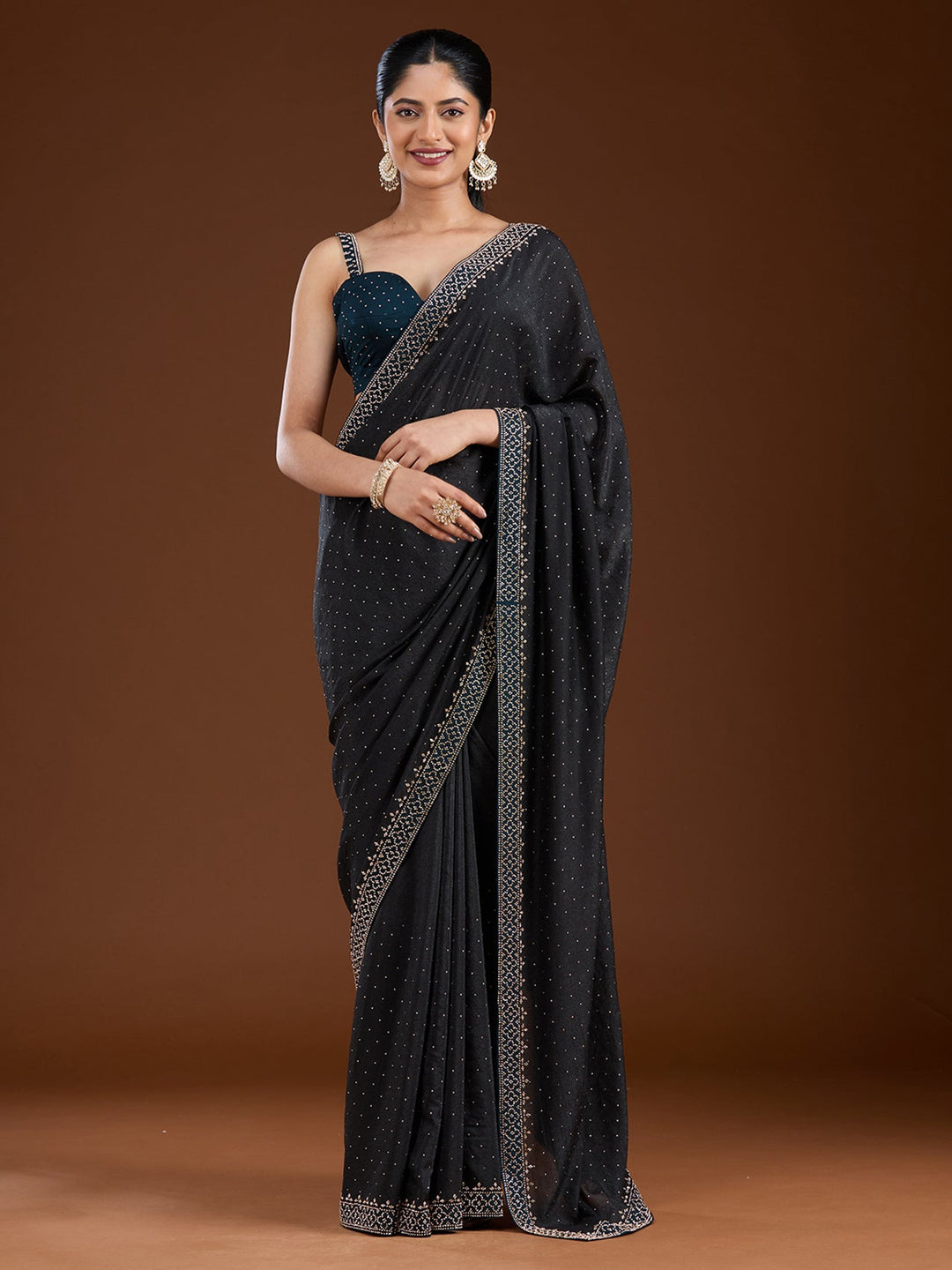 Black Stonework (Silver) Velvet Saree-Koskii